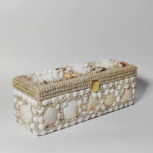 Könnte beinhalten: Rechteckige Box, verziert mit verschiedenen Muscheln, mit einem goldfarbenen Verschluss. Die Box ist hauptsächlich weiß und beige, mit größeren, fächerförmigen Muscheln. Der Deckel ist ebenfalls mit Muscheln bedeckt.
