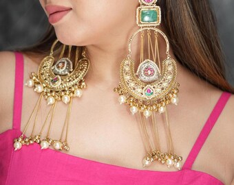 Kundan Jhumka bruidsoorbellen: vergulde chandbali met robijn en parel