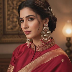 May include: A woman wearing a red sari with gold embroidery and matching red earrings with white and red accents. The sari has a high collar with gold embroidery. The woman has dark hair and is wearing makeup.