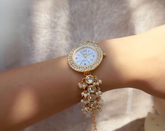 18K Gold Plated Kundan Pearl Bracelet Watch: Ethnic Bridal Jewelry