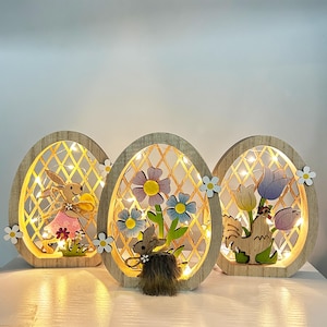 3D Wooden Hollow carving Egg, Bunny,Flowers,Wooden Easter Ornament,Easter Decor Home Decor,Wooden Lights,Kids Room Decor,Easter Gift for her