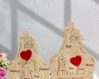 Aangepaste houten girafnaampuzzel, familiepuzzelcadeau, schattig girafbeeldje, verjaardagscadeau kinderen, Moederdag/Vaderdagcadeau, bureaudecoratie