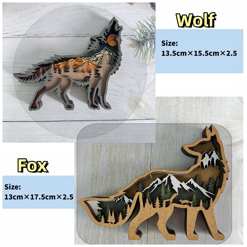 May include: Two wooden animal silhouette ornaments, a wolf and a fox, with a mountain and forest scene inside. The wolf is 13.5 cm by 15.5 cm by 2.5 cm. The fox is 13 cm by 17.5 cm by 2.5 cm.