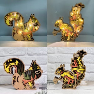 Custom Wooden 3D Squirrel with LED Lights,Hand-carved Animal Lights,Wooden Squirrel Night Light,Kids Bedroom Decor,Desk Decor,Birthday Gift