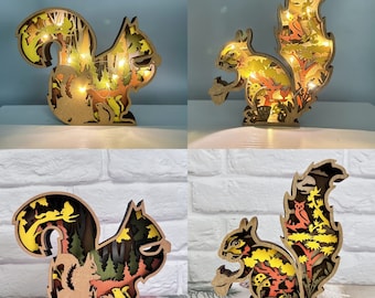 Custom Wooden 3D Squirrel with LED Lights,Hand-carved Animal Lights,Wooden Squirrel Night Light,Kids Bedroom Decor,Desk Decor,Birthday Gift