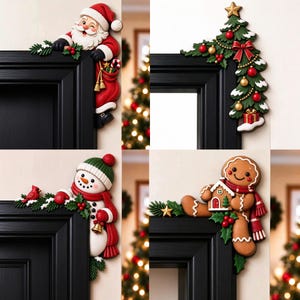 Puede incluir: Un conjunto de cuatro adornos navideños para esquinas de puertas que incluyen a un Santa Claus guiñando un ojo con un saco rojo, un árbol decorado, un muñeco de nieve con bufanda roja y un cardenal, y una figura de jengibre con una casita.