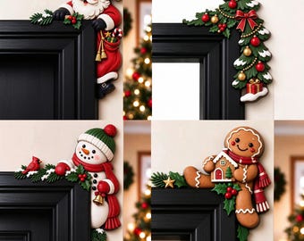 May include: A set of four decorative Christmas door corner signs featuring a winking Santa Claus with a red sack, a decorated pine tree with ornaments, a snowman with a red scarf and cardinal, and a gingerbread person holding a small house.