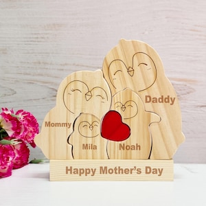Custom Wooden Penguin Family Puzzle,Engraved Name Puzzle,Personalized Mother&#39;s Day Gift,Penguin Family Gift,Wooden Puzzle Gift,Desk Decor