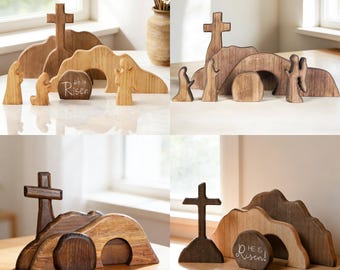 Houten paasdecoratieset, lege grafscène, paaskruis, hij is verrezen, christelijk paasdecor, tafeldecor religieus huis, paascadeau