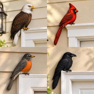 May include: A collection of four bird sculptures perched on white door frames. The set includes a bald eagle with brown and white feathers, a bright red cardinal, an American robin with an orange breast, and an all-black raven sculpture.