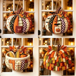 May include: A collection of four decorative fabric pumpkin wall hangings featuring various patterns including plaid, polka dots, and floral prints. The designs incorporate autumn leaves, small pumpkins, bats, and corn cobs, all suspended by twine.
