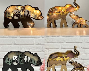 Wooden 3D Carved Elephant/Panda Desk Ornaments With Lights-Wooden Wild Forest Animal Crafts-Home Bedroom Décor-Custom Birthday Gift for Kids