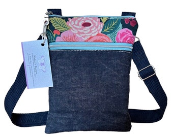 The "Natalie" Crossbody Bag Dark Blue Waxed Denim & Floral OOAK Cross Body Purse Boho Watercolor Pocketbook READY To SHIP
