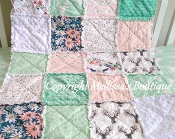 Rustic Baby Girl Deer Floral Soft Mint Blush Pink and Navy Woodland Arrow Rag Quilt Crib Toddler Throw Twin Full Size Bedding MADE To ORDER