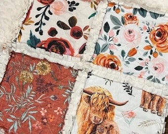 Highland Cow Rustic Boho Floral Western Farm Livestock Baby Girl Nursery Crib Bedding Rag Quilt CUSTOMIZE the SIZE