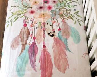 Tribal Boho Dream Catcher Coral Pink Mint Floral Feathers 