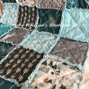 Rustic Lodge Woodland Mountain Adventure Bear Deer Teal Blue & Grey Baby Crib Toddler Twin Full Size Rag Quilt Bedding imagem 4