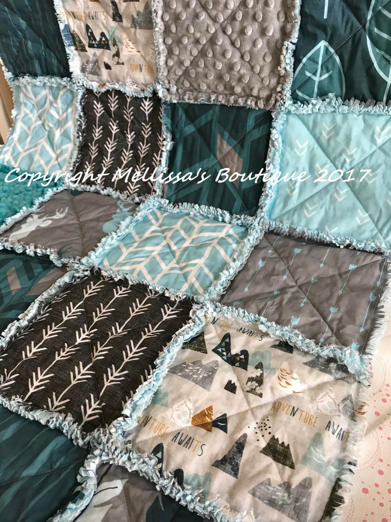 Rustic Lodge Woodland Mountain Adventure Bear Deer Teal Blue & Grey Baby Crib Toddler Twin Full Size Rag Quilt Bedding image 4