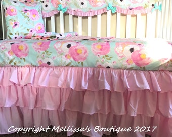 WaterColor Floral Roses Bright Pink Blush & Mint Teal Baby Nursery Crib Bedding Set CHOOSE and CUSTOMIZE