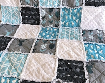 Custom Rustic Lodge Woodland "Wild & Free" Adventure Deer Navy Aqua Blue and Grey Baby Crib Toddler Twin Full Size Rag Quilt Bedding