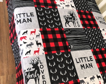 Rustic "Little Man Deerly Loved" Antlers Baby Boy Woodland Plaid Red Black & Grey Minky Blanket or Quilt Crib Bedding FREE Personalization