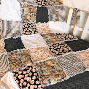 Custom Vintage Baseball Crib Bedding Set Cream White & Black Baby Nursery Bedding Rag Quilt Crib Throw Twin Full
