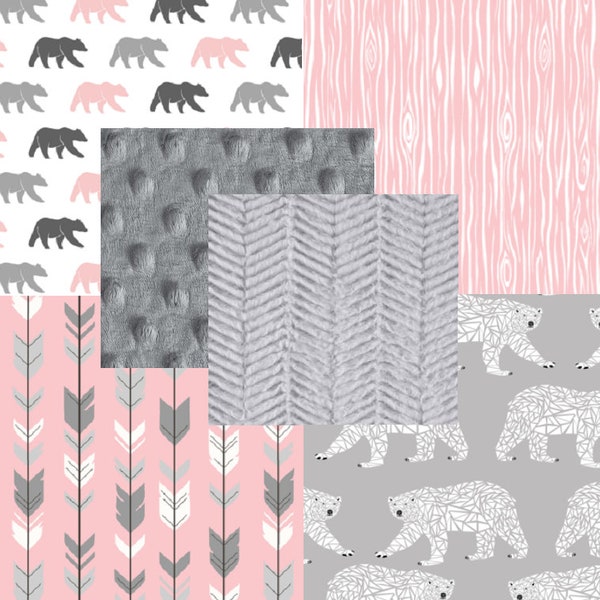 Rustic Bear Mountain Adventure Girl Woodland Fletching Arrow Pink Grey White Crib Bedding Set Baby Nursery CHOOSE and CUSTOMIZE Made ToOrder