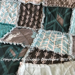 Rustic Lodge Woodland Mountain Adventure Bear Deer Teal Blue & Grey Baby Crib Toddler Twin Full Size Rag Quilt Bedding image 5