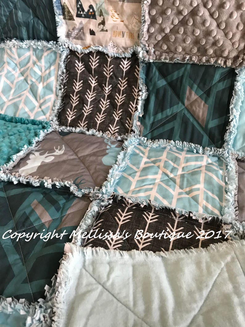 Rustic Lodge Woodland Mountain Adventure Bear Deer Teal Blue & Grey Baby Crib Toddler Twin Full Size Rag Quilt Bedding image 5
