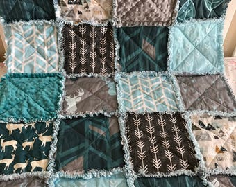 Rustic Lodge Woodland Mountain Adventure Bear Deer Teal Blue & Grey Baby Crib Toddler Twin Full Size Rag Quilt Bedding
