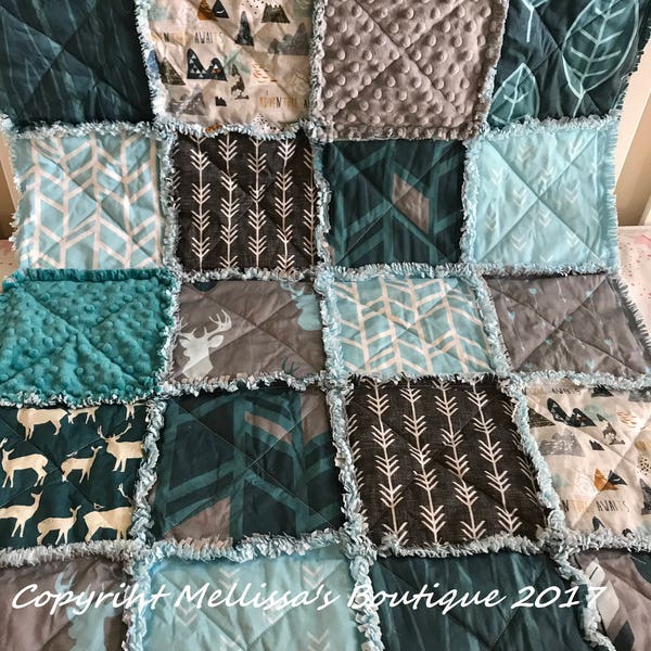 Rustic Lodge Woodland Mountain Adventure Bear Deer Teal Blue & Grey Baby Crib Toddler Twin Full Size Rag Quilt Bedding