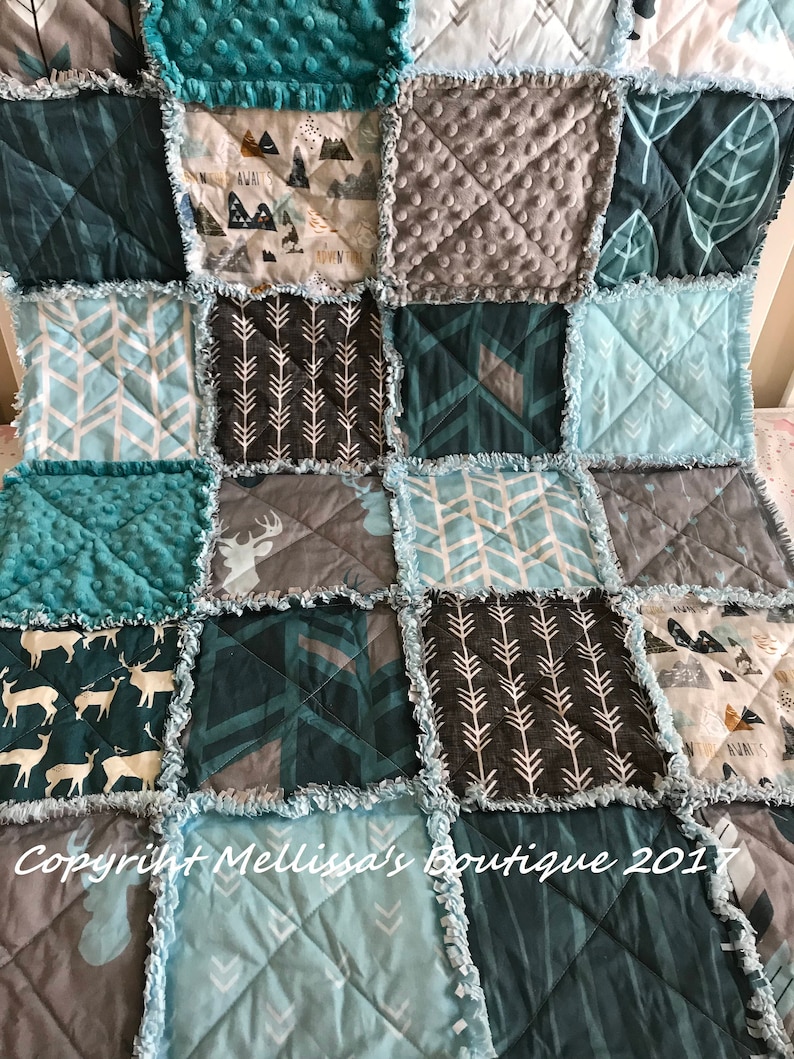 Rustic Lodge Woodland Mountain Adventure Bear Deer Teal Blue & Grey Baby Crib Toddler Twin Full Size Rag Quilt Bedding imagem 1