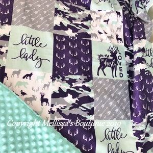 Rustic Woodland Little Lady Deerly Loved Purple Mint & Gray Plaid Antlers Camo Blanket or Quilt Crib Bedding Personalize FREE