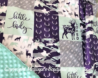 Rustic Woodland Little Lady Deerly Loved Purple Mint & Gray Plaid Antlers Camo Blanket or Quilt Crib Bedding Personalize FREE