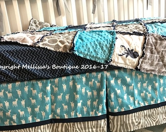 Rustic Arrows Woodland Deer Tribal Navy Turquoise & Grey Baby Nursery Crib Bedding Set made with Designer Fabrics MADE To ORDER
