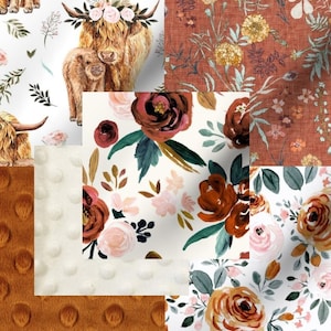 Highland Cow Rustic Boho Floral Western Farm Burnt Orange & Ivory Baby Girl Quilt Nursery Crib Bedding Set CHOOSE and CUSTOMIZE Made 2 Order afbeelding 1