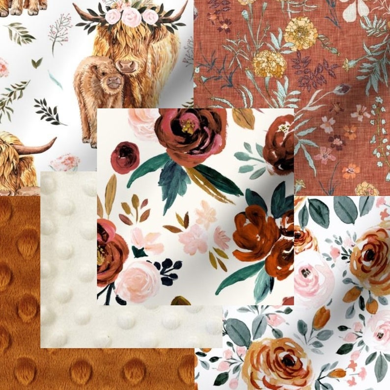 Highland Cow Rustic Boho Floral Western Farm Burnt Orange & Ivory Baby Girl Quilt Nursery Crib Bedding Set CHOOSE and CUSTOMIZE Made 2 Order image 1