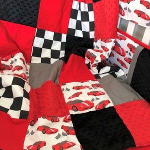 Race Car Red Black White & Grey Checkered Flag Racing Driver Boy Designer Nursery Baby Crib Toddler Throw Quilt Bedding CHOOSE Your SIZE