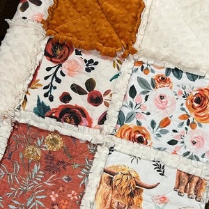 Highland Cow Rustic Boho Floral Western Farm Burnt Orange & Ivory Baby Girl Quilt Nursery Crib Bedding Set CHOOSE and CUSTOMIZE Made 2 Order afbeelding 2