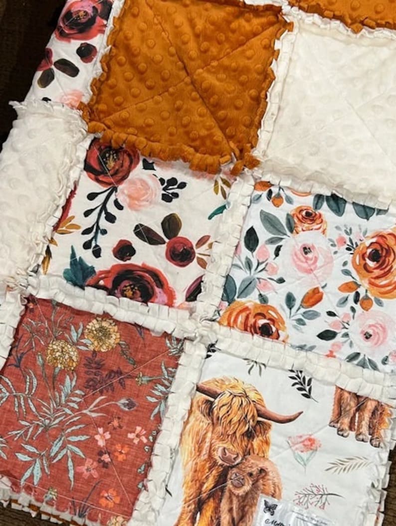 Highland Cow Rustic Boho Floral Western Farm Burnt Orange & Ivory Baby Girl Quilt Nursery Crib Bedding Set CHOOSE and CUSTOMIZE Made 2 Order afbeelding 2