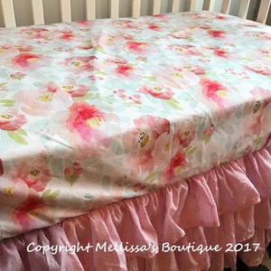 WaterColor Floral Roses Pink Blush Peach & Light Mint Baby Nursery Crib Bedding Set CHOOSE and CUSTOMIZE