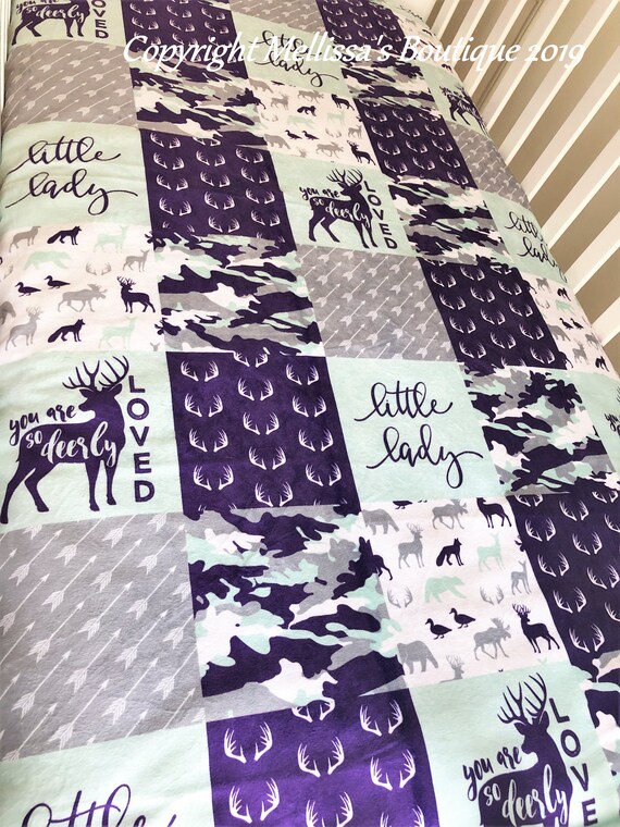 Rustic Woodland Little Lady Deerly Loved Purple Mint Gray Plaid