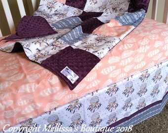 Boho Tribal Dark Purple/Plum Peach & Navy Dream Catcher Floral 3 Piece Crib Bedding Set Quilt Sheet MADE To ORDER