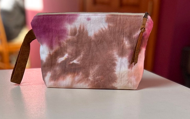 Hand Crafted Ice Dyed Denim Wine Pink & Tan Brown Watercolor with Leather Accents Boho HandBag Wristlet Clutch Pouch Floral Int image 2