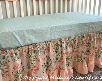 Blush Pink Coral & Ivory Vintage Floral Scalloped Ruffled Custom Boutique Crib Bedding Set Made To Order CUSTOMIZE YOURS