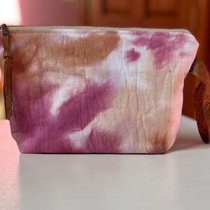 Hand Crafted Ice Dyed Denim Wine Pink & Tan Brown Watercolor with Leather Accents Boho HandBag Wristlet Clutch Pouch Floral Int image 1