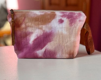 Hand Crafted Ice Dyed Denim Wine Pink & Tan Brown Watercolor with Leather Accents Boho HandBag Wristlet Clutch Pouch Floral Int