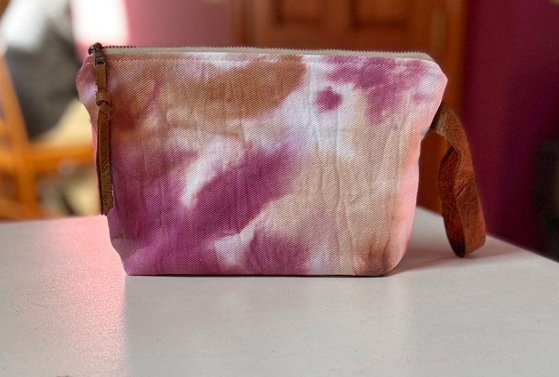 Hand Crafted Ice Dyed Denim Wine Pink & Tan Brown Watercolor with Leather Accents Boho HandBag Wristlet Clutch Pouch Floral Int image 1