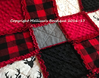 Rustic Lodge Woodland Buffalo Plaid Deer Red & Black Baby Crib Toddler Throw Twin Choose Your Size Rag Quilt Bedding Custom MADE TO ORDER
