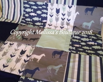 Hunting Fishing Rustic Outdoors Woodland Camping Adventure Horses Mint Navy & Grey Quilt Baby Crib Toddler or Throw Size Options Bedding